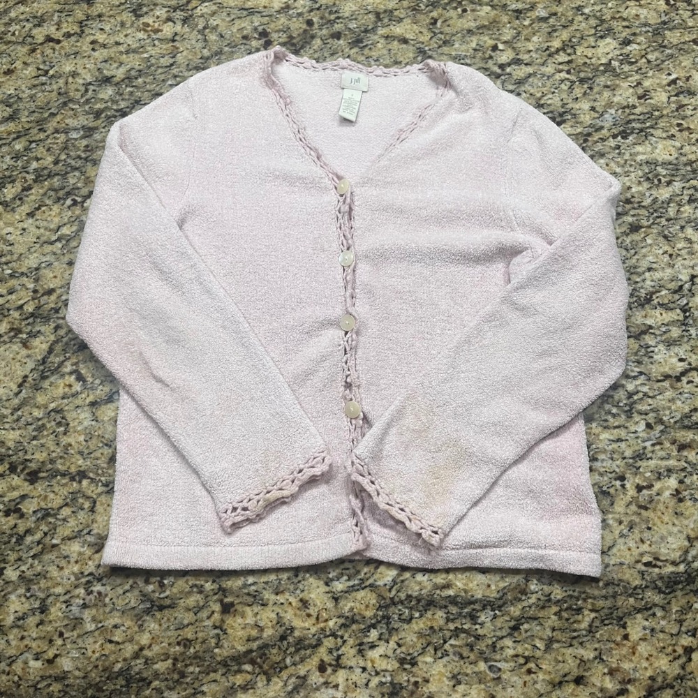 J. Jill Womens Pink Crochet Trim Boucle Knit Button‎ Front Cardigan Sweater S